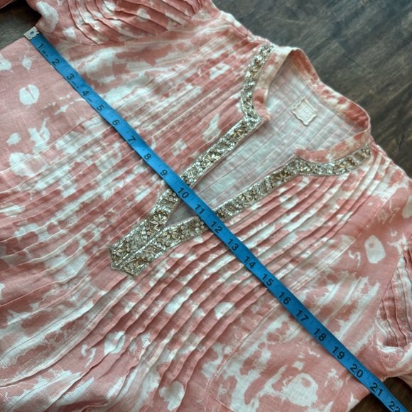 120% LINO Pink & White Designer Linen Long Sleeve Embellished Blouse! Loose fit. - Picture 15 of 16
